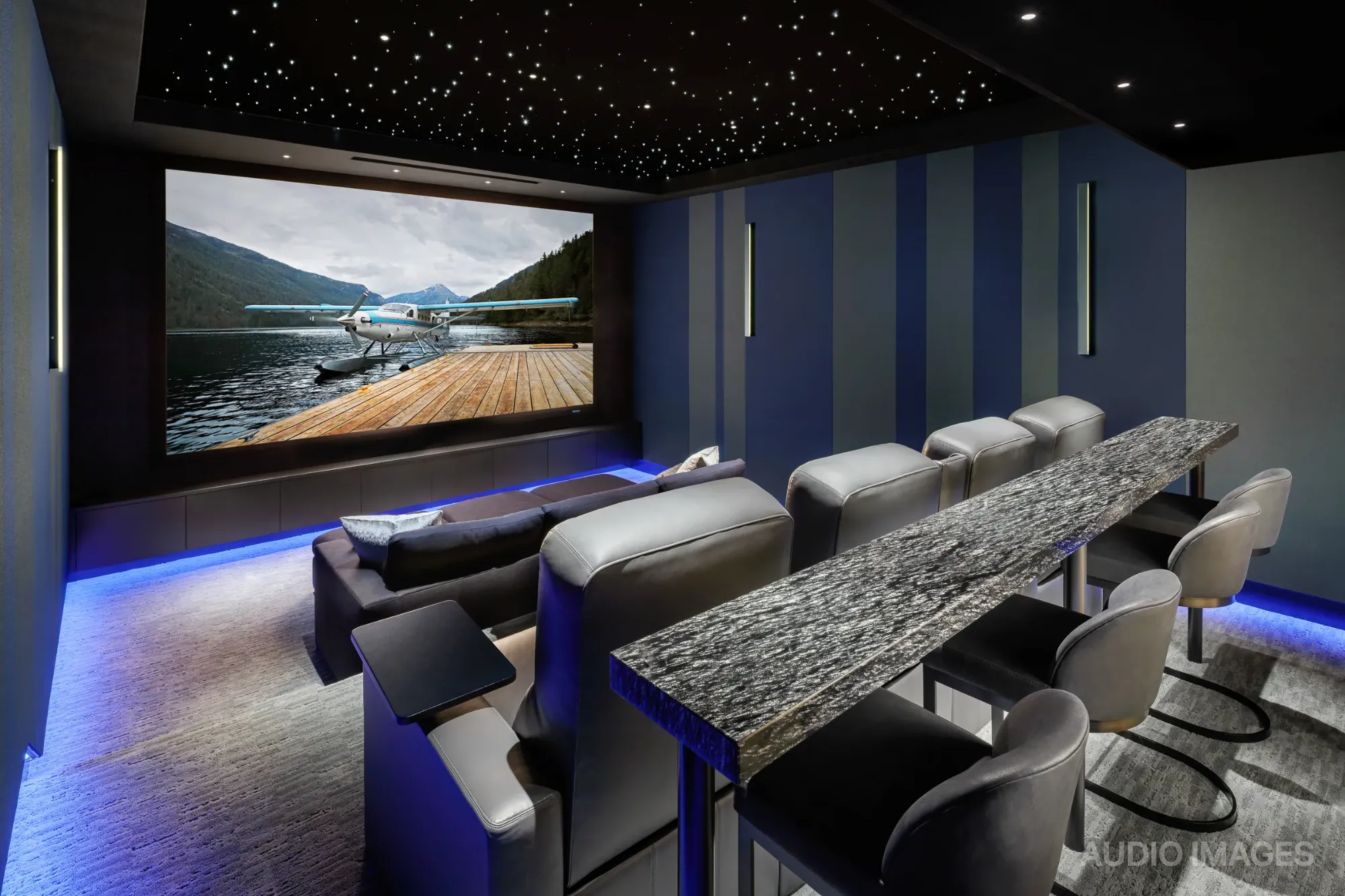 A luxury residence with integrated audio, video, and lighting working in unison