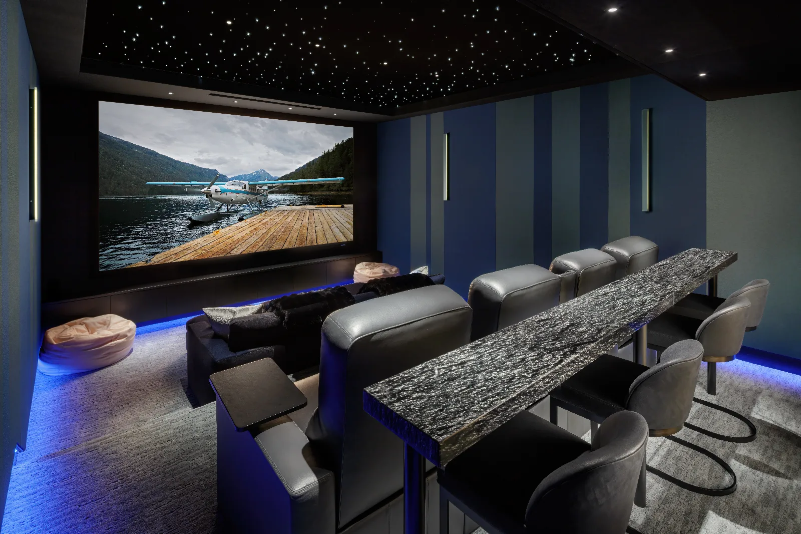 A modern home theater room with a large screen displaying a seaplane, a star-lit ceiling, and multiple rows of seating.